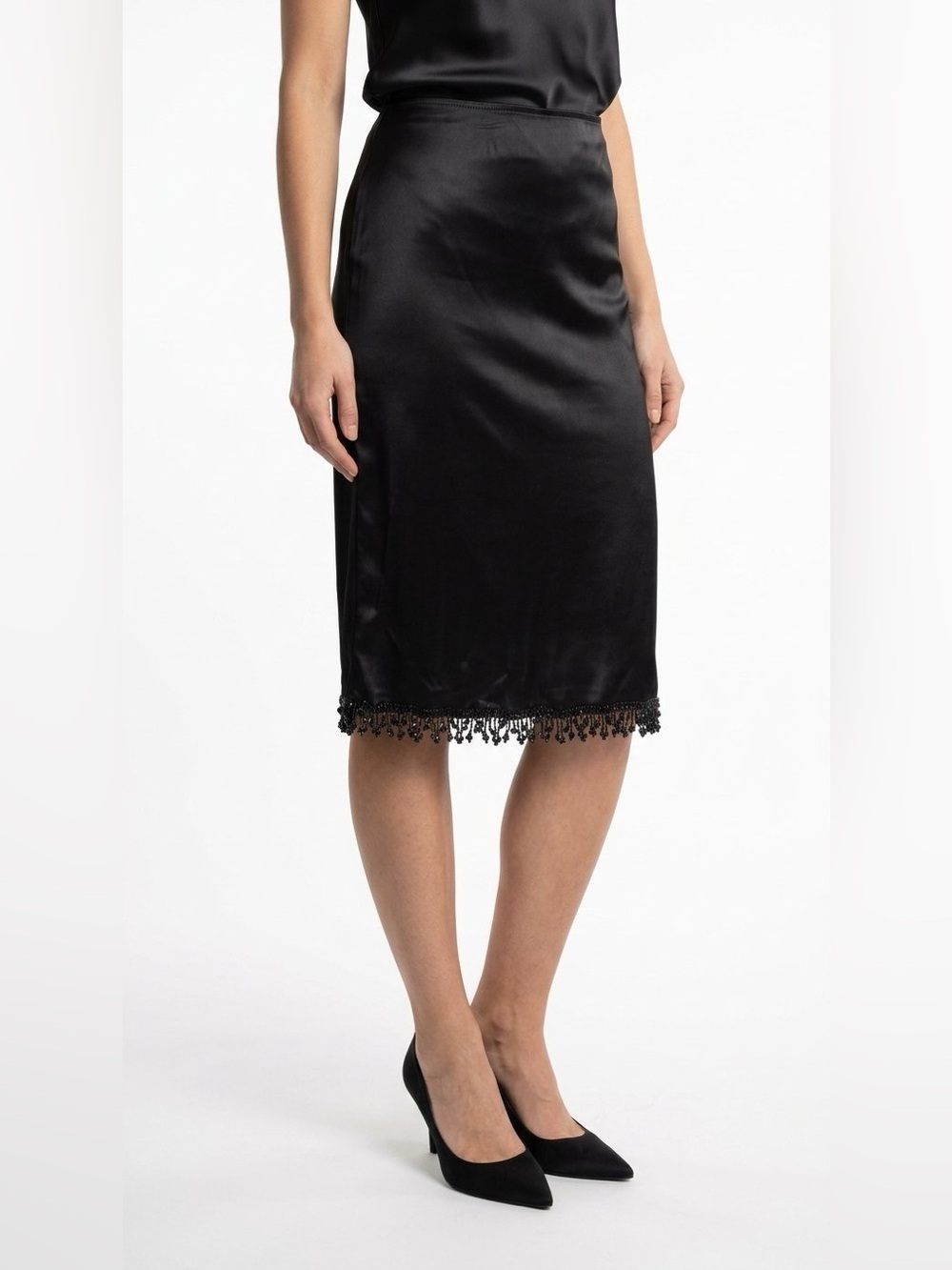 BLACK SATIN BEADED HEM PENCIL SKIRT WOMAN SIZE M